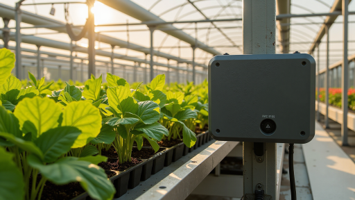 环境监测站点场景，智能传感器设备安装在户外环境中，LED显示屏显示监测数据，绿色植被背景