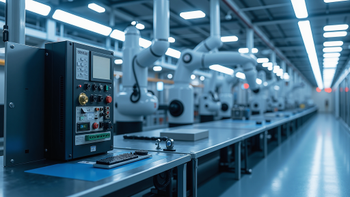 工业生产线场景，PLC控制柜整齐排列，指示灯闪烁，工人正在操作设备，现代化厂房背景