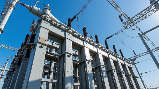 电力巡检现场场景，无人机正在输电线路附近飞行，电力塔架高耸，地面技术人员正在操控设备，蓝天白云背景