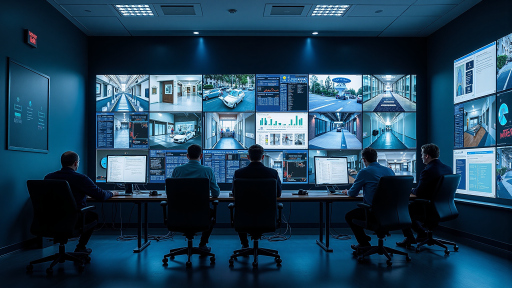 安防监控中心场景，大屏幕显示监控画面，安保人员正在查看无人机传回的实时图像，现代化监控室背景