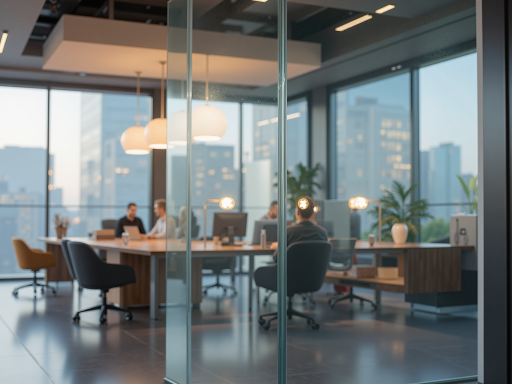 现代化科技公司办公环境，开放式工作区域，玻璃隔断会议室，员工正在讨论技术方案，白色墙壁蓝色装饰