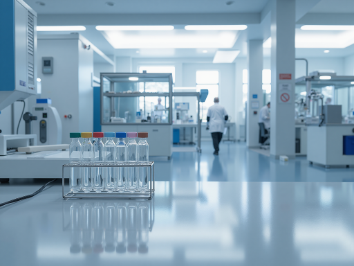 高科技实验室场景，精密仪器设备整齐摆放，工程师正在操作设备进行测试，蓝色工作台白色灯光